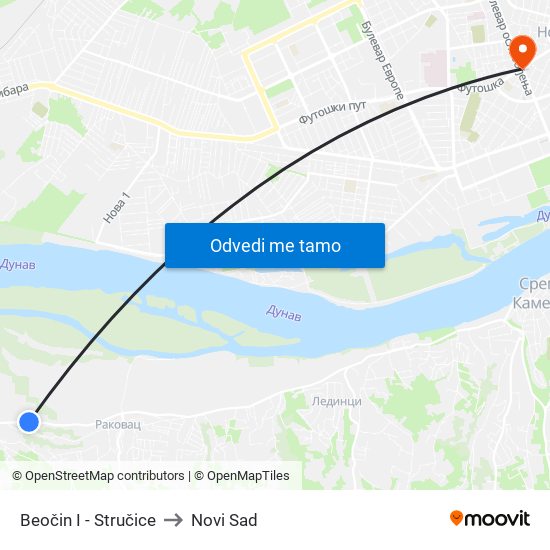 Beočin I - Stručice to Novi Sad map