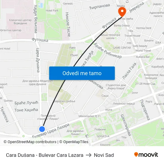 Cara Dušana - Bulevar Cara Lazara to Novi Sad map