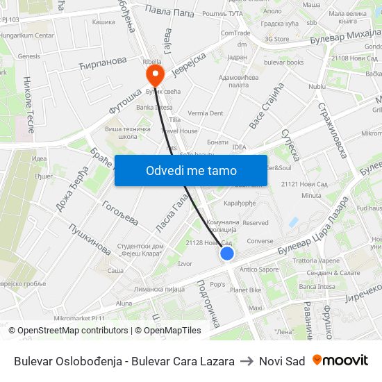 Bulevar Oslobođenja - Bulevar Cara Lazara to Novi Sad map