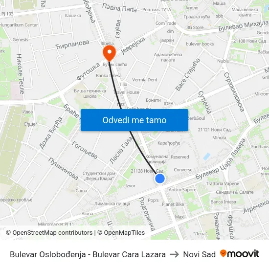 Bulevar Oslobođenja - Bulevar Cara Lazara to Novi Sad map