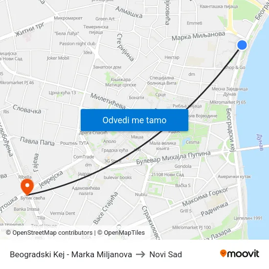 Beogradski Kej - Marka Miljanova to Novi Sad map