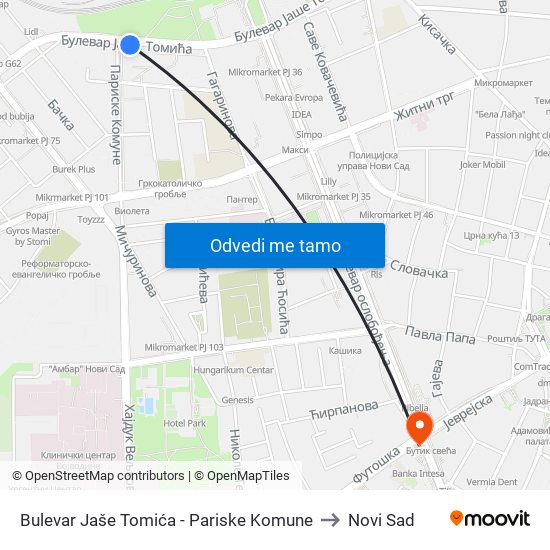 Bulevar Jaše Tomića - Pariske Komune to Novi Sad map