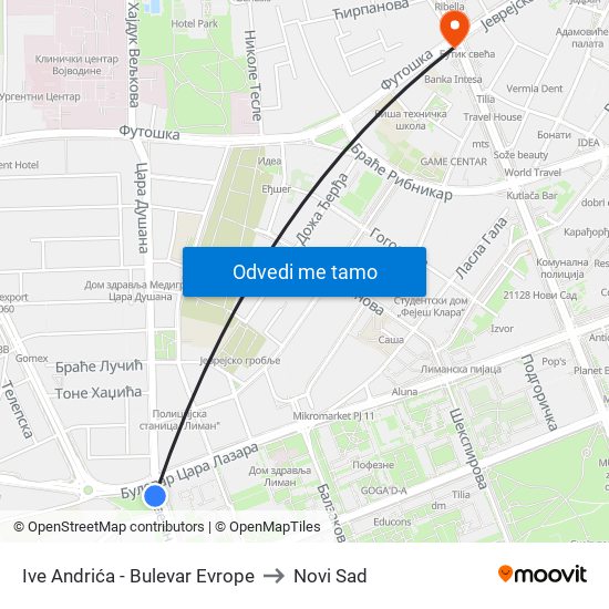 Ive Andrića - Bulevar Evrope to Novi Sad map