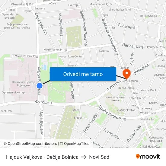 Hajduk Veljkova - Dečija Bolnica to Novi Sad map