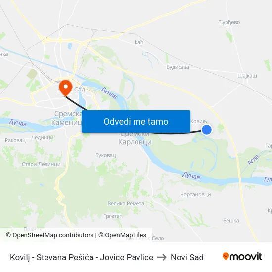 Kovilj - Stevana Pešića - Jovice Pavlice to Novi Sad map