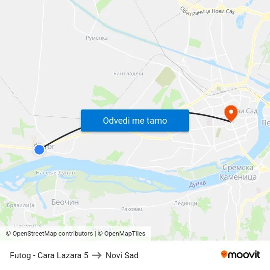 Futog - Cara Lazara 5 to Novi Sad map