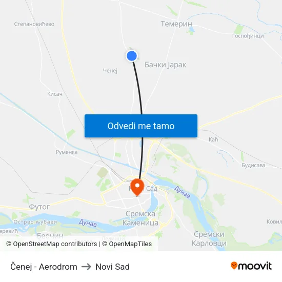 Čenej - Aerodrom to Novi Sad map