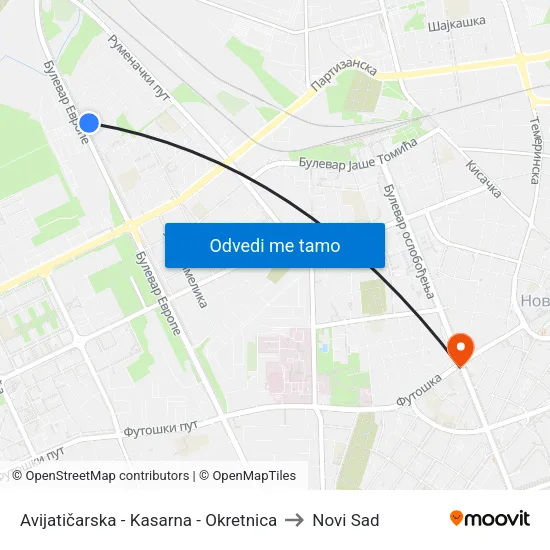 Avijatičarska - Kasarna - Okretnica to Novi Sad map