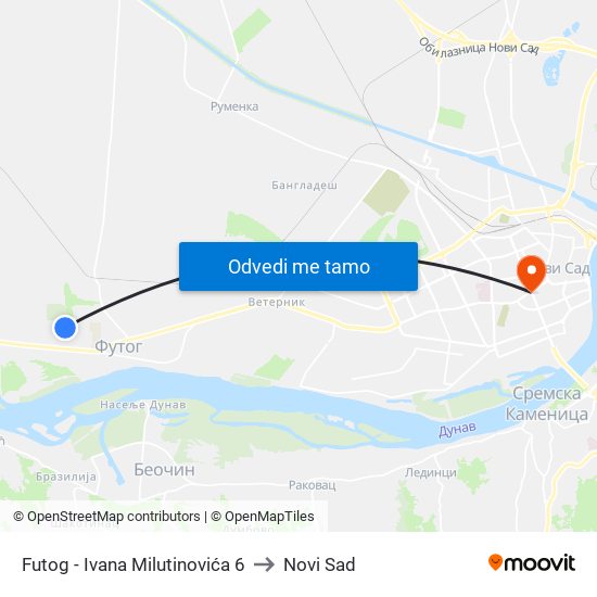 Futog - Ivana Milutinovića 6 to Novi Sad map