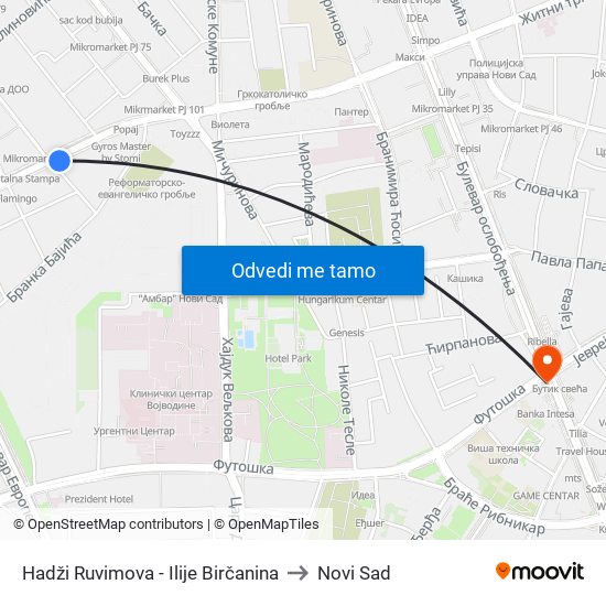 Hadži Ruvimova - Ilije Birčanina to Novi Sad map