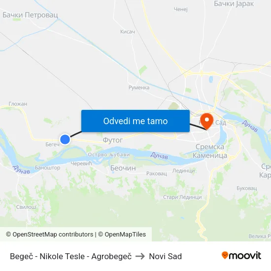 Begeč - Nikole Tesle - Agrobegeč to Novi Sad map