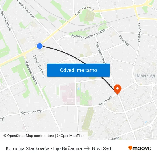 Kornelija Stankovića - Ilije Birčanina to Novi Sad map