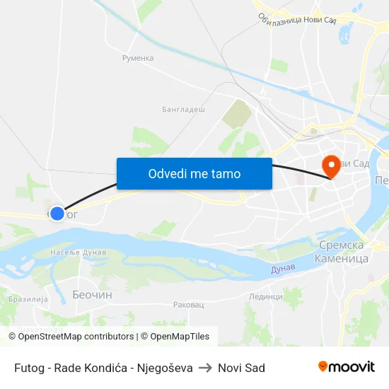 Futog - Rade Kondića - Njegoševa to Novi Sad map