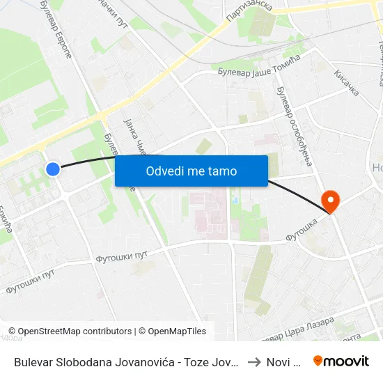 Bulevar Slobodana Jovanovića - Toze Jovanovića to Novi Sad map