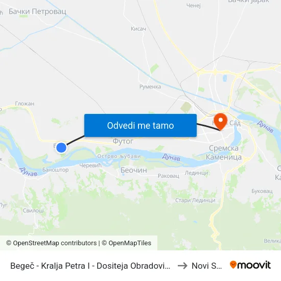 Begeč - Kralja Petra I - Dositeja Obradovića to Novi Sad map