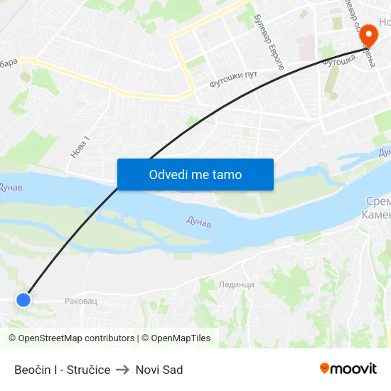 Beočin I - Stručice to Novi Sad map