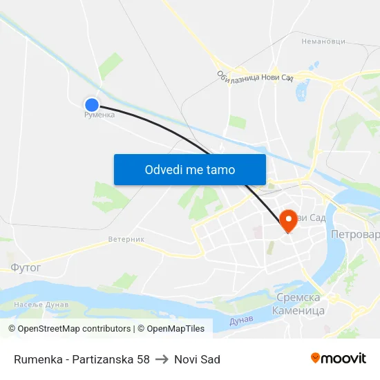 Rumenka - Partizanska 58 to Novi Sad map