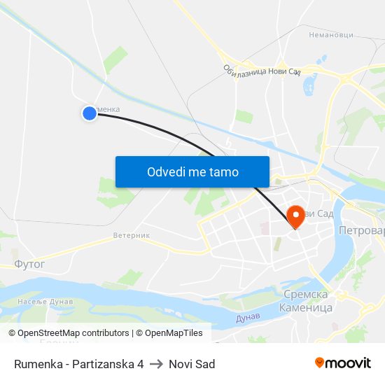 Rumenka - Partizanska 4 to Novi Sad map