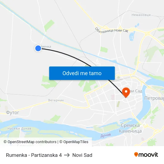 Rumenka - Partizanska 4 to Novi Sad map