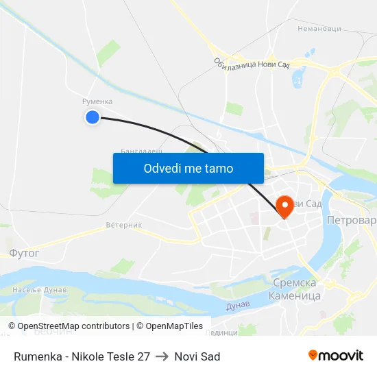 Rumenka - Nikole Tesle 27 to Novi Sad map