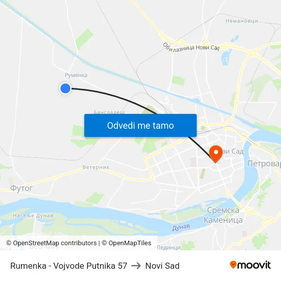 Rumenka - Vojvode Putnika 57 to Novi Sad map