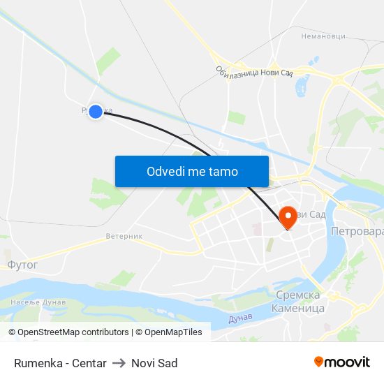 Rumenka - Centar to Novi Sad map