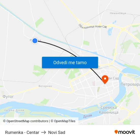 Rumenka - Centar to Novi Sad map