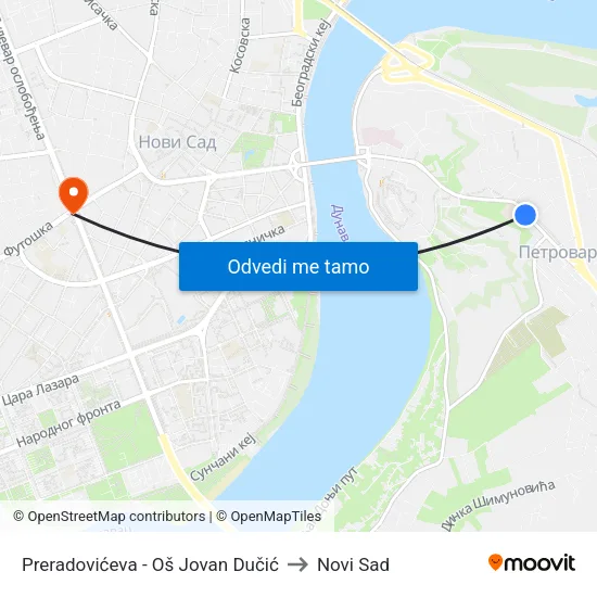 Preradovićeva - Oš Jovan Dučić to Novi Sad map
