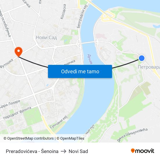Preradovićeva - Šenoina to Novi Sad map