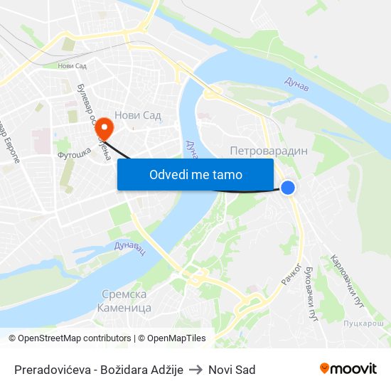 Preradovićeva - Božidara Adžije to Novi Sad map