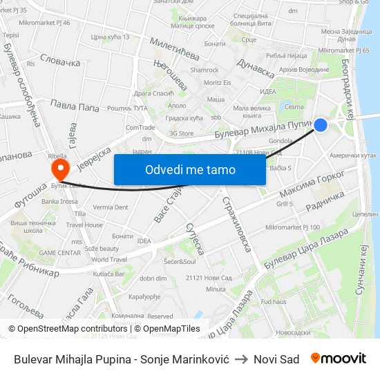 Bulevar Mihajla Pupina - Sonje Marinković to Novi Sad map