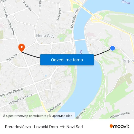 Preradovićeva - Lovački Dom to Novi Sad map