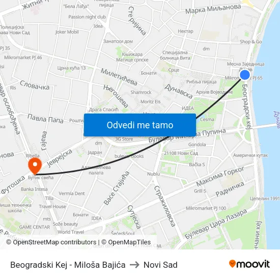 Beogradski Kej - Miloša Bajića to Novi Sad map