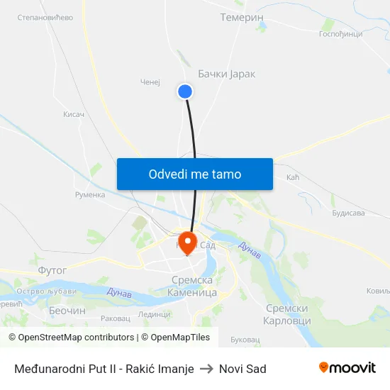 Međunarodni Put II - Rakić Imanje to Novi Sad map