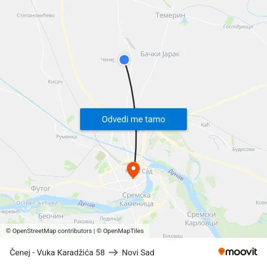 Čenej - Vuka Karadžića 58 to Novi Sad map