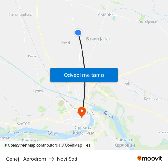 Čenej - Aerodrom to Novi Sad map