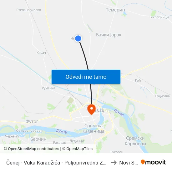 Čenej - Vuka Karadžića - Poljoprivredna Zadruga to Novi Sad map