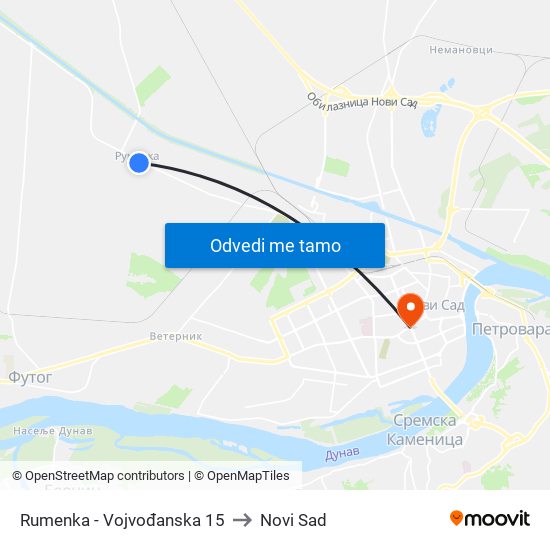 Rumenka - Vojvođanska 15 to Novi Sad map