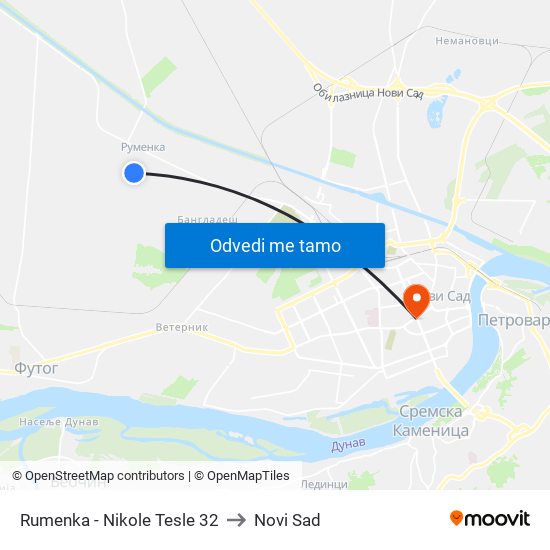 Rumenka - Nikole Tesle 32 to Novi Sad map