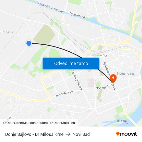 Donje Sajlovo - Dr Miloša Krne to Novi Sad map