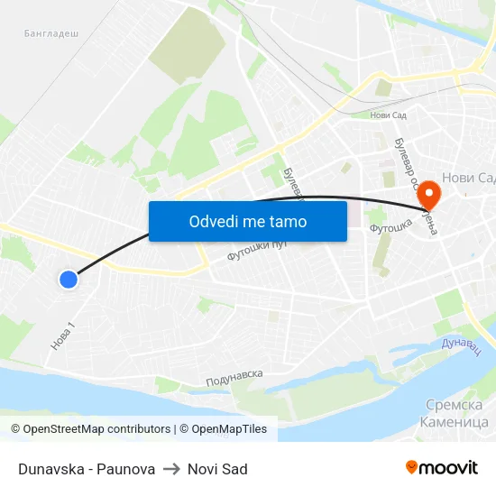 Dunavska - Paunova to Novi Sad map