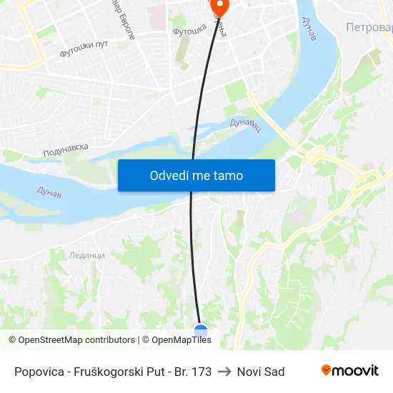 Popovica - Fruškogorski Put - Br. 173 to Novi Sad map