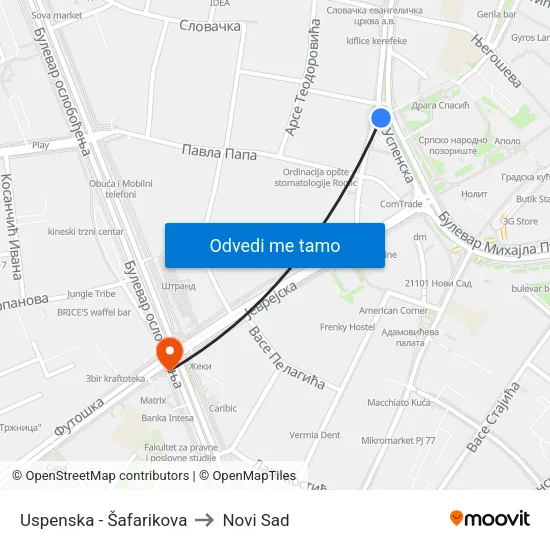 Uspenska - Šafarikova to Novi Sad map