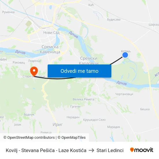 Kovilj - Stevana Pešića - Laze Kostića to Stari Ledinci map