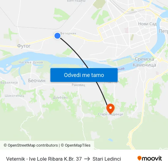 Veternik - Ive Lole Ribara K.Br. 37 to Stari Ledinci map