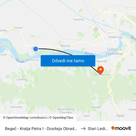 Begeč - Kralja Petra I - Dositeja Obradovića to Stari Ledinci map