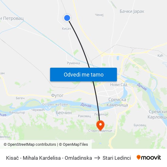 Kisač - Mihala Kardelisa - Omladinska to Stari Ledinci map