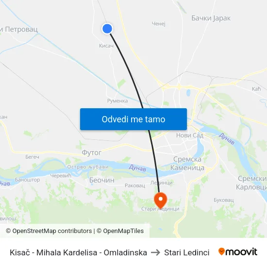 Kisač - Mihala Kardelisa - Omladinska to Stari Ledinci map