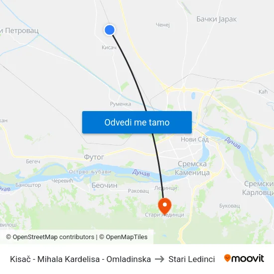 Kisač - Mihala Kardelisa - Omladinska to Stari Ledinci map