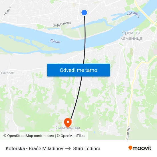 Kotorska - Braće Miladinov to Stari Ledinci map